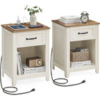 Vasagle Liry Collection - Farmhouse Nightstands With Charging Station, Set Of 2 Bedside Tables, Side Tables With Drawer, Open Compartment, For Bedroom, Rustic White And Honey Brown Ulet859K41