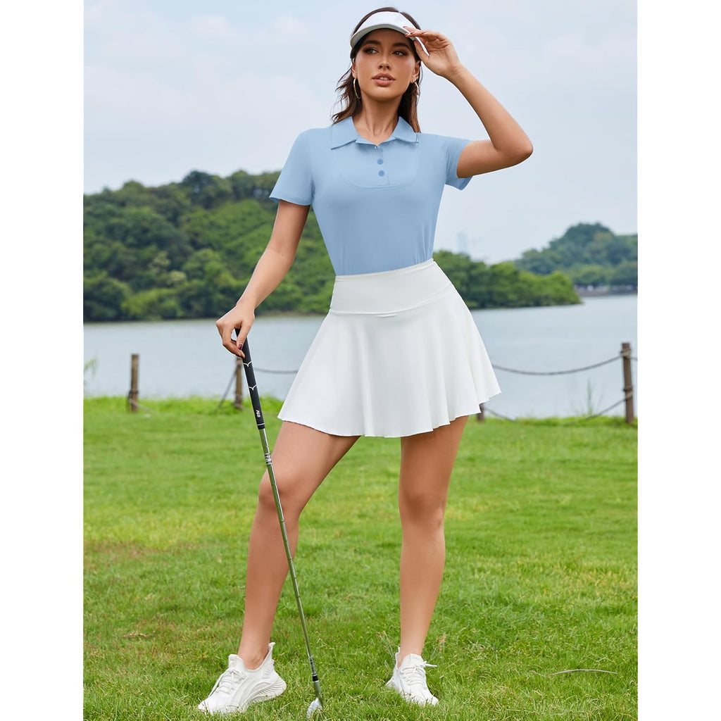 Womens Short Sleeve Polo Shirts Business Casual Collared V Neck Tops Summer Cotton 4 Buttons Polos Tshirts