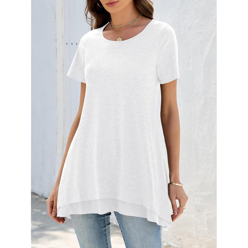 Women's Short Sleeve Tunic Tops for Legging Layered Chiffon Hem Casual Loose Long Shirts with Pockets