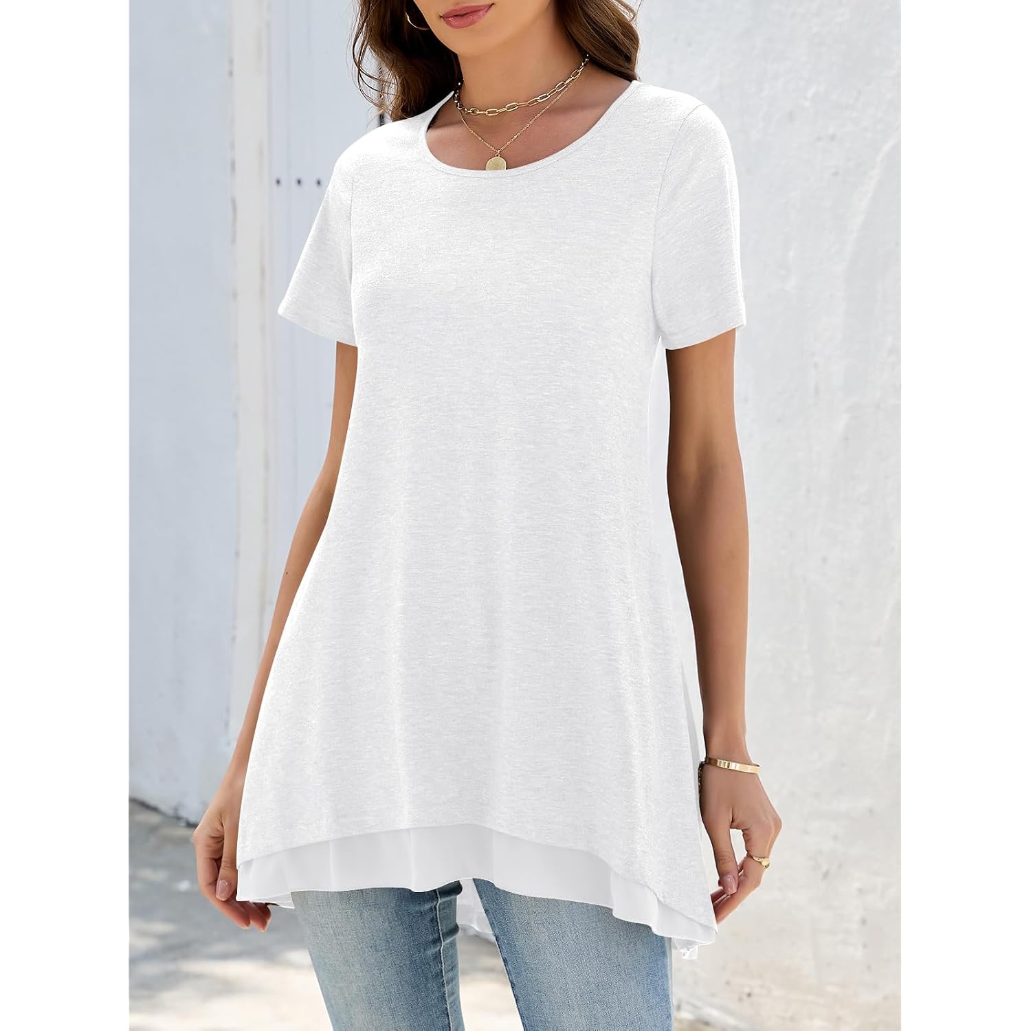 Women's Short Sleeve Tunic Tops for Legging Layered Chiffon Hem Casual Loose Long Shirts with Pockets