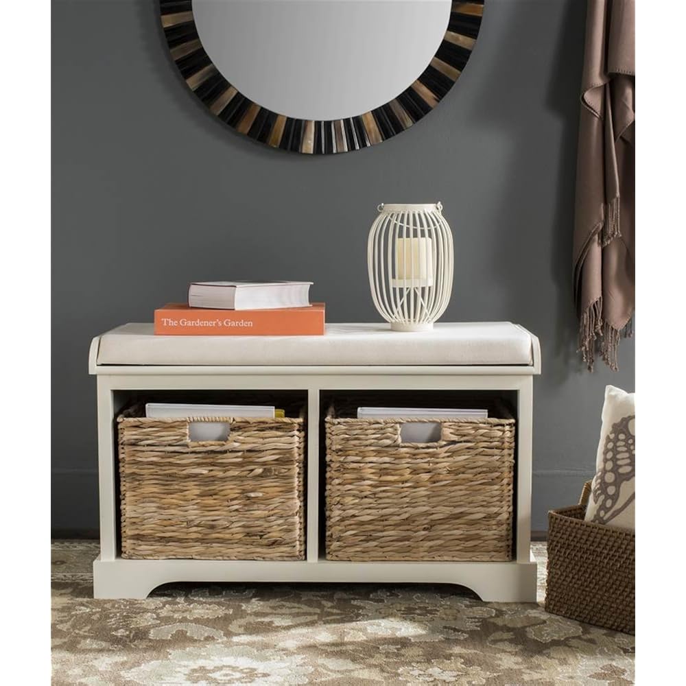 Safavieh Furniture - Freddy 2-Basket Storage Bench - Vintage White - Solid Wood - Coastal Basket Storage Design - Ideal For Entryway, Living Room, Hallway, 18" Seat Height - Fully Assembled (Amh5736D)
