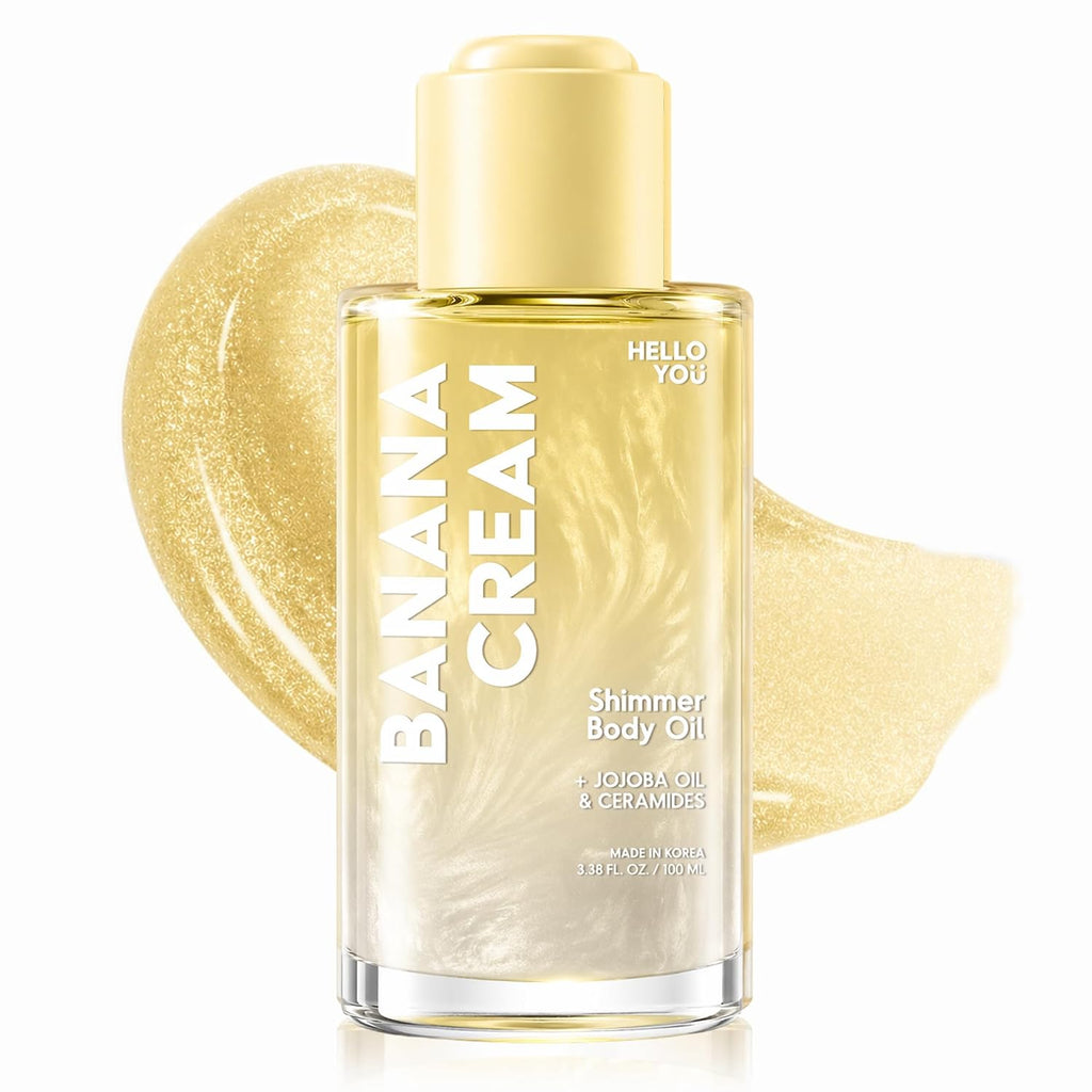 Hello You Jojoba Oil & Ceramides Shimmer Body Oil – Dermatologist Tested, Anti Aging Korean Skin Care – Radiant Glow, Lightweight Hydration, Silky Finish – Vegan, Clean Beauty – Banana Scent, 3.38 Oz