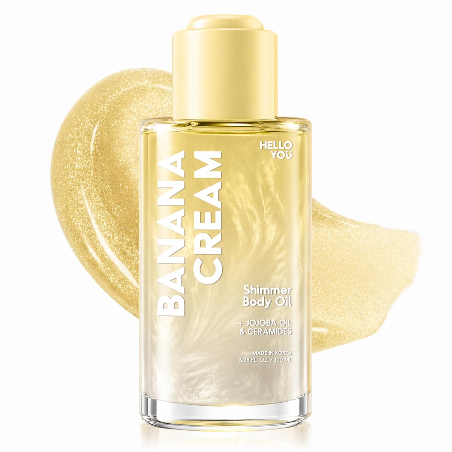 Hello You Jojoba Oil & Ceramides Shimmer Body Oil – Dermatologist Tested, Anti Aging Korean Skin Care – Radiant Glow, Lightweight Hydration, Silky Finish – Vegan, Clean Beauty – Banana Scent, 3.38 Oz