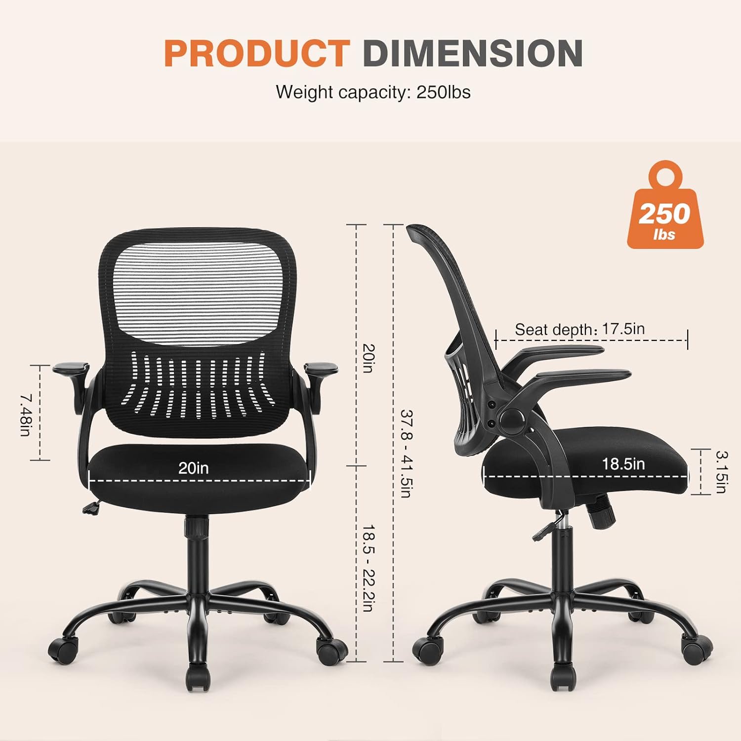 Sweetcrispy Office Computer Desk Chair, Ergonomic Mid-Back Mesh Rolling Work Swivel Task Chairs with Wheels, Comfortable Lumbar Support, Comfy Flip-up Arms for Home, Bedroom, Study, Student, Black