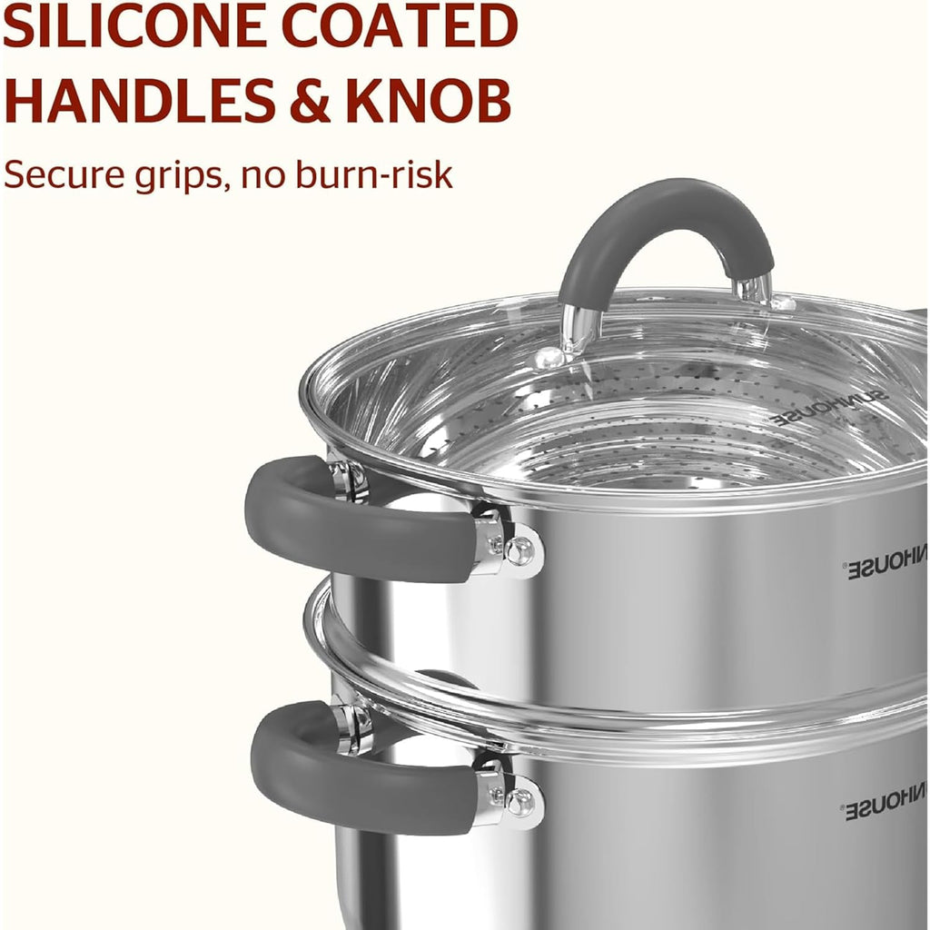 SUNHOUSE Stainless Steel Steamer Pot for Cooking - 3 QT Steaming Pot with Glass Lid & Steamer Basket - 2 Tier Tri-ply Vegetable Steamer with Stay-Cool Silicone Handles - Induction Compatible