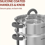 SUNHOUSE Stainless Steel Steamer Pot for Cooking - 3 QT Steaming Pot with Glass Lid & Steamer Basket - 2 Tier Tri-ply Vegetable Steamer with Stay-Cool Silicone Handles - Induction Compatible