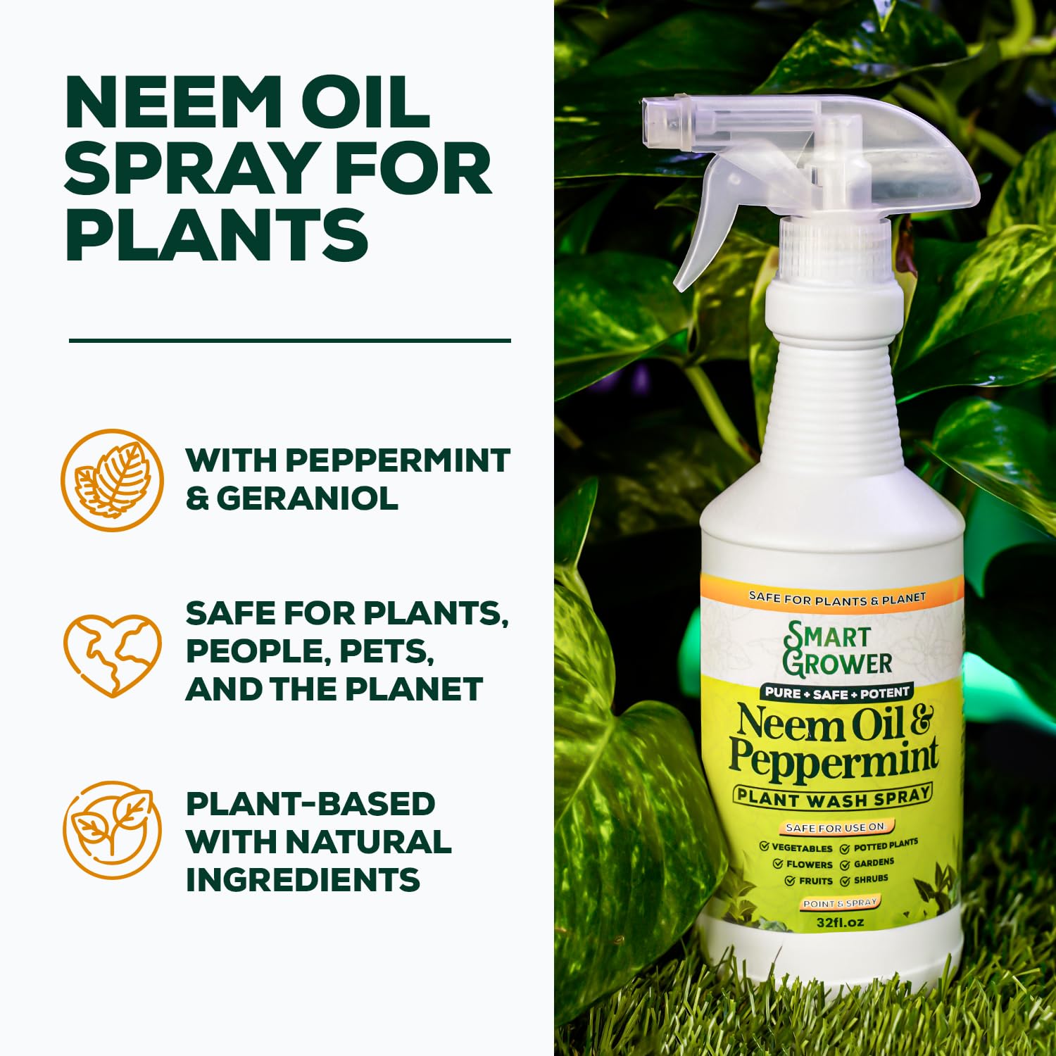 Neem Oil Plant Spray With Peppermint Oil, Indoor & Outdoor Plants, 32 Oz | Ready-To-Use Spray, Natural Plant Wash, Smart Grower