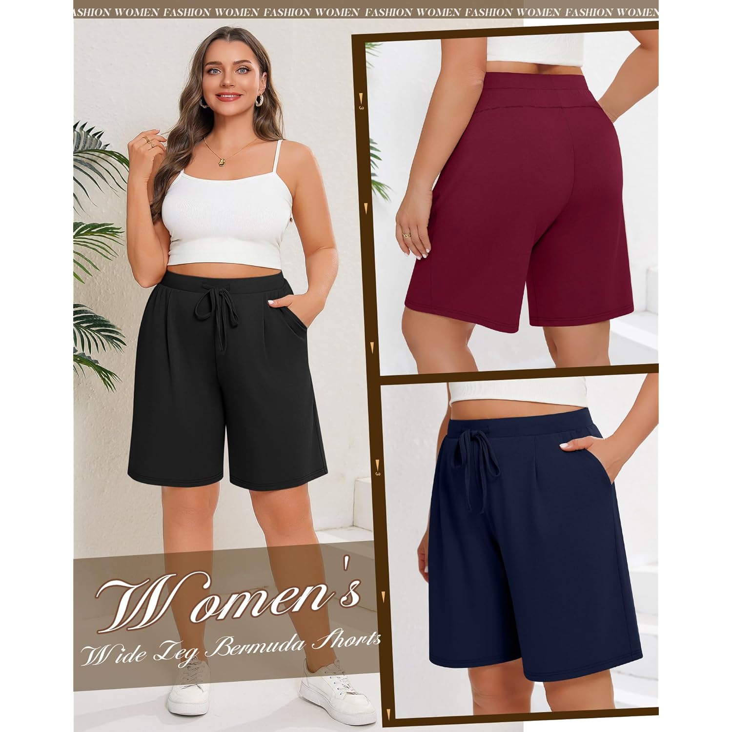 3 Pack Women's Plus Size Bermuda Shorts Casual Knit Drawstring Knee Length Walking Shorts with Pockets