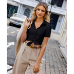 Womens Button Down Shirt Slim Fit Stretch Short Sleeve Dress Shirts Wrinkle Free Solid Formal Work Blouses