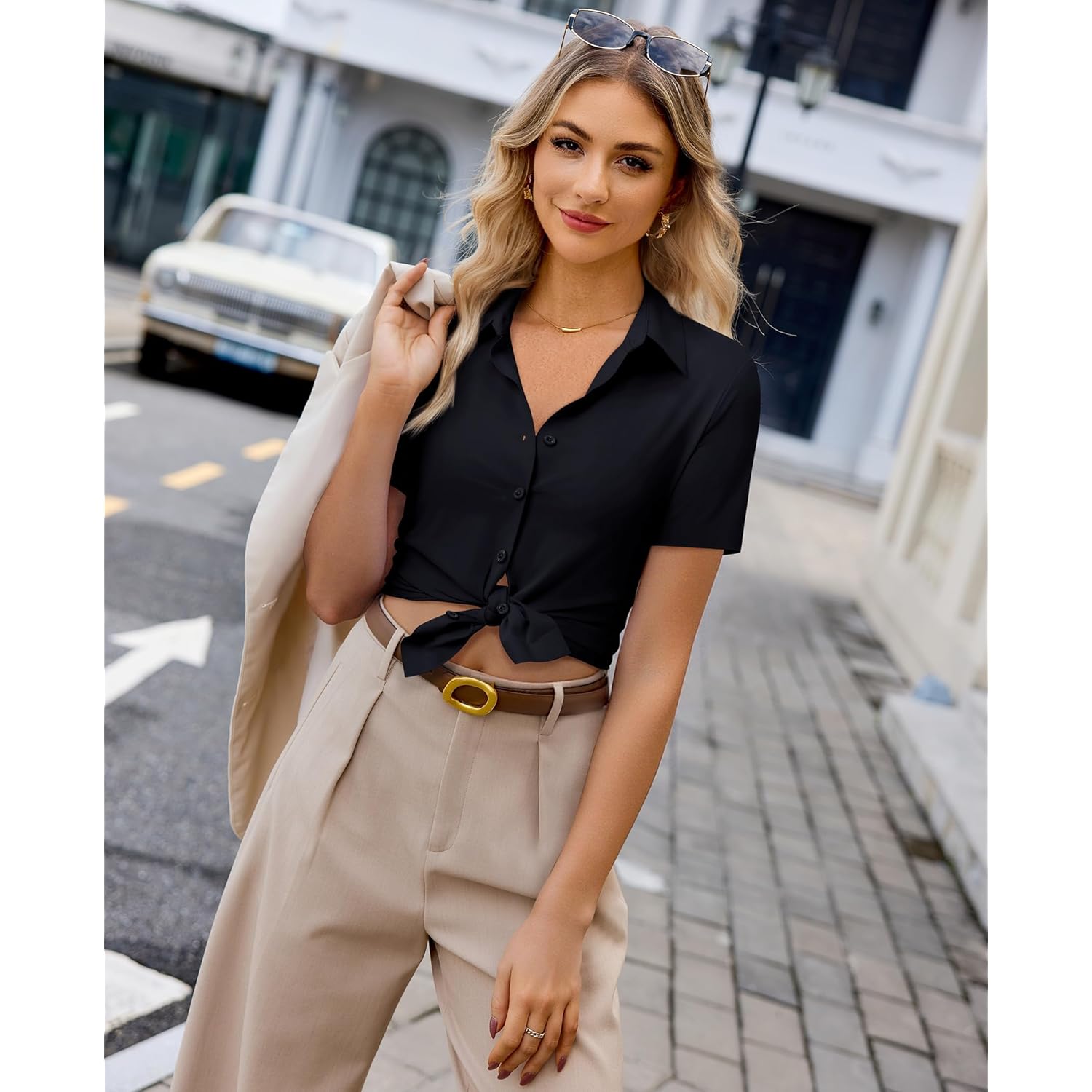 Womens Button Down Shirt Slim Fit Stretch Short Sleeve Dress Shirts Wrinkle Free Solid Formal Work Blouses