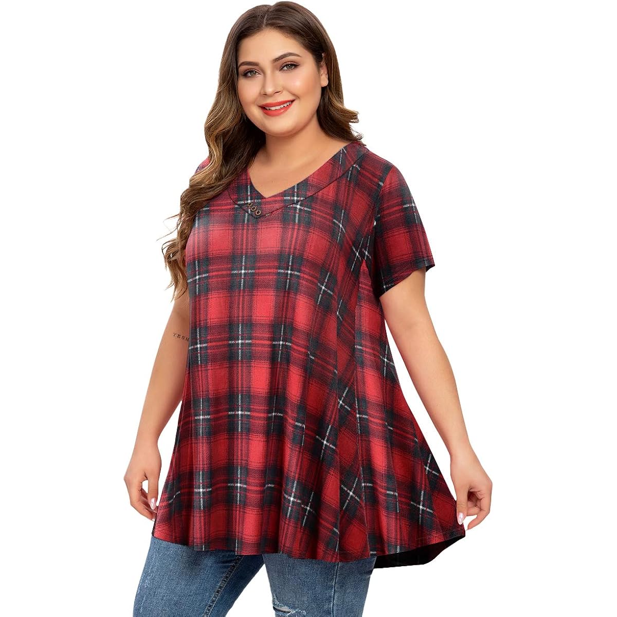 Womens Plus Size Tops Short Sleeve Button Down Basic Tunics Summer Swing T Shirts Casual V Neck Blouses for Leggings