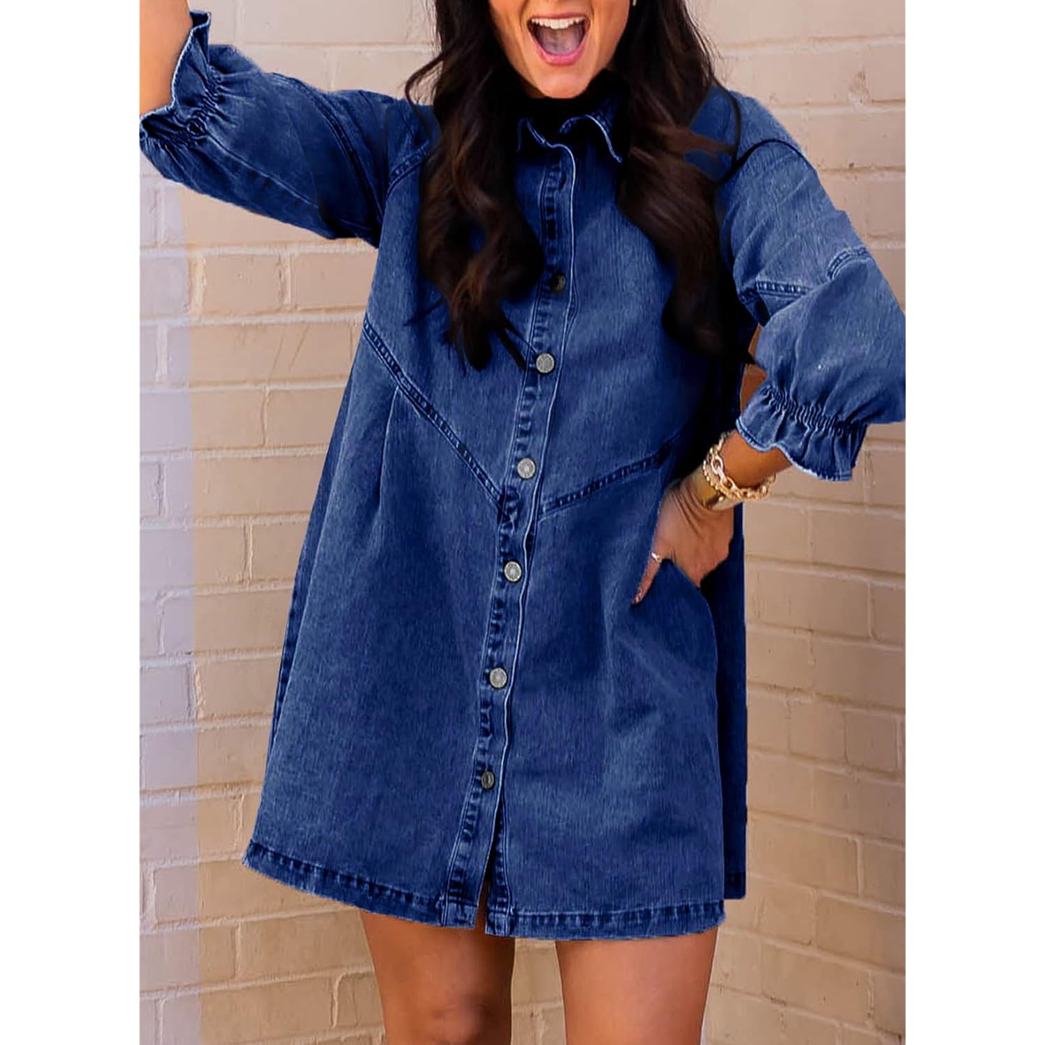 Sidefeel Womens Smocked 3 4 Sleeve Button Down Denim Jeans Dresses