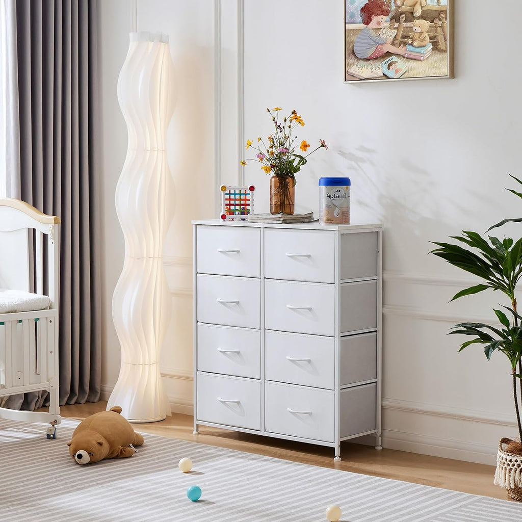 Olixis Dresser For Bedroom, 8 Storage Drawers, Tall Fabric Tower Organizer | Large Dresser For Closet, Chest Of Drawers With Metal Frame Wooden Top For Nursery, Living Room, Entryway, White