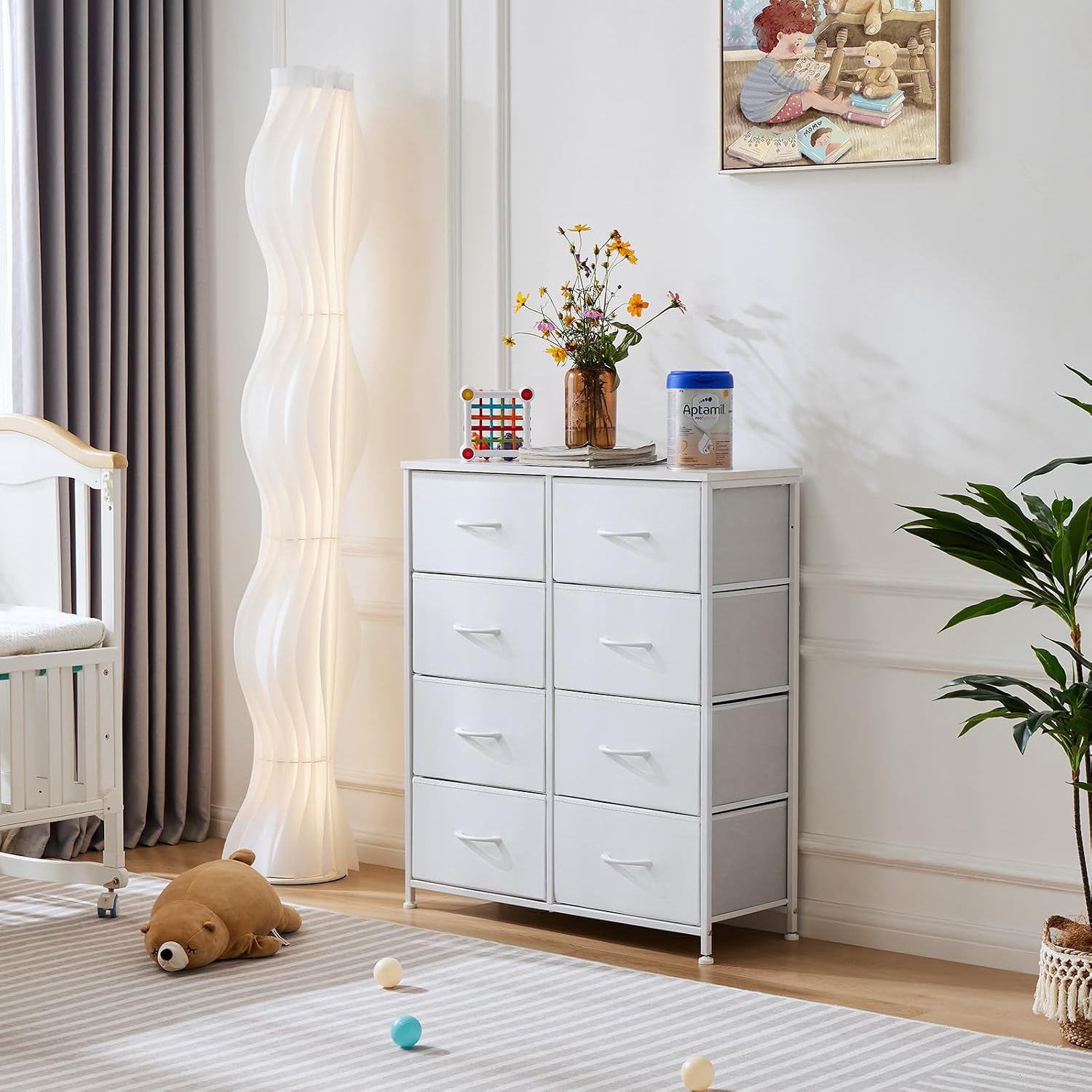 Olixis Dresser For Bedroom, 8 Storage Drawers, Tall Fabric Tower Organizer | Large Dresser For Closet, Chest Of Drawers With Metal Frame Wooden Top For Nursery, Living Room, Entryway, White