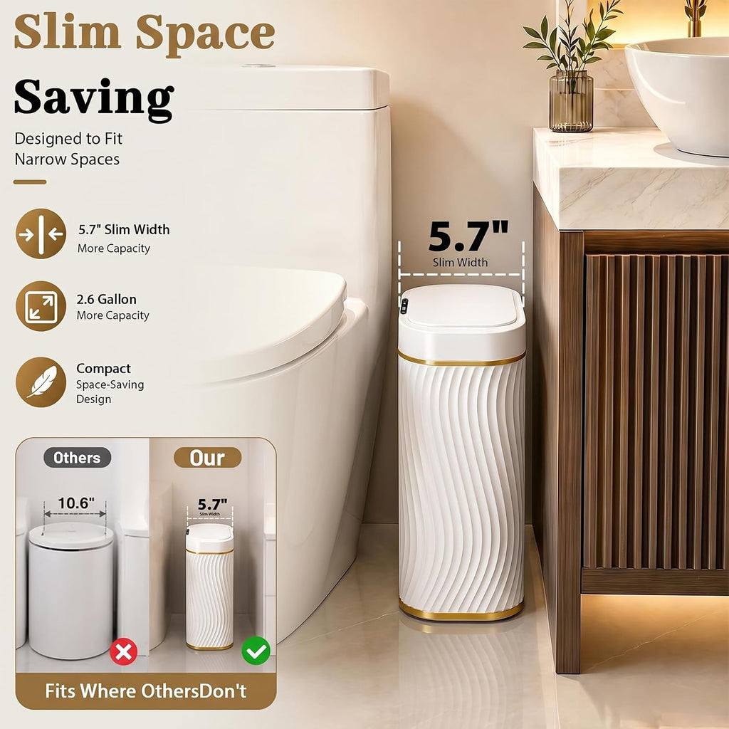 2.6 Gallon Automatic Bathroom Trash Can With Touchless Lid, White Gold | Motion Sensor Trash Can With Slim Waterproof Body; Small Plastic Garbage Can, Hands-Free Lid For Bedroom, Office, And Kitchen