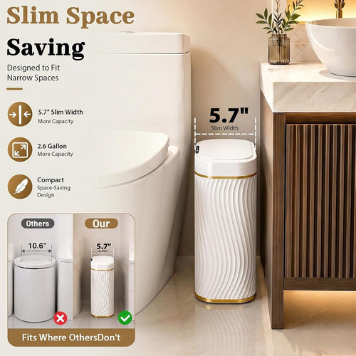 2.6 Gallon Automatic Bathroom Trash Can With Touchless Lid, White Gold | Motion Sensor Trash Can With Slim Waterproof Body; Small Plastic Garbage Can, Hands-Free Lid For Bedroom, Office, And Kitchen
