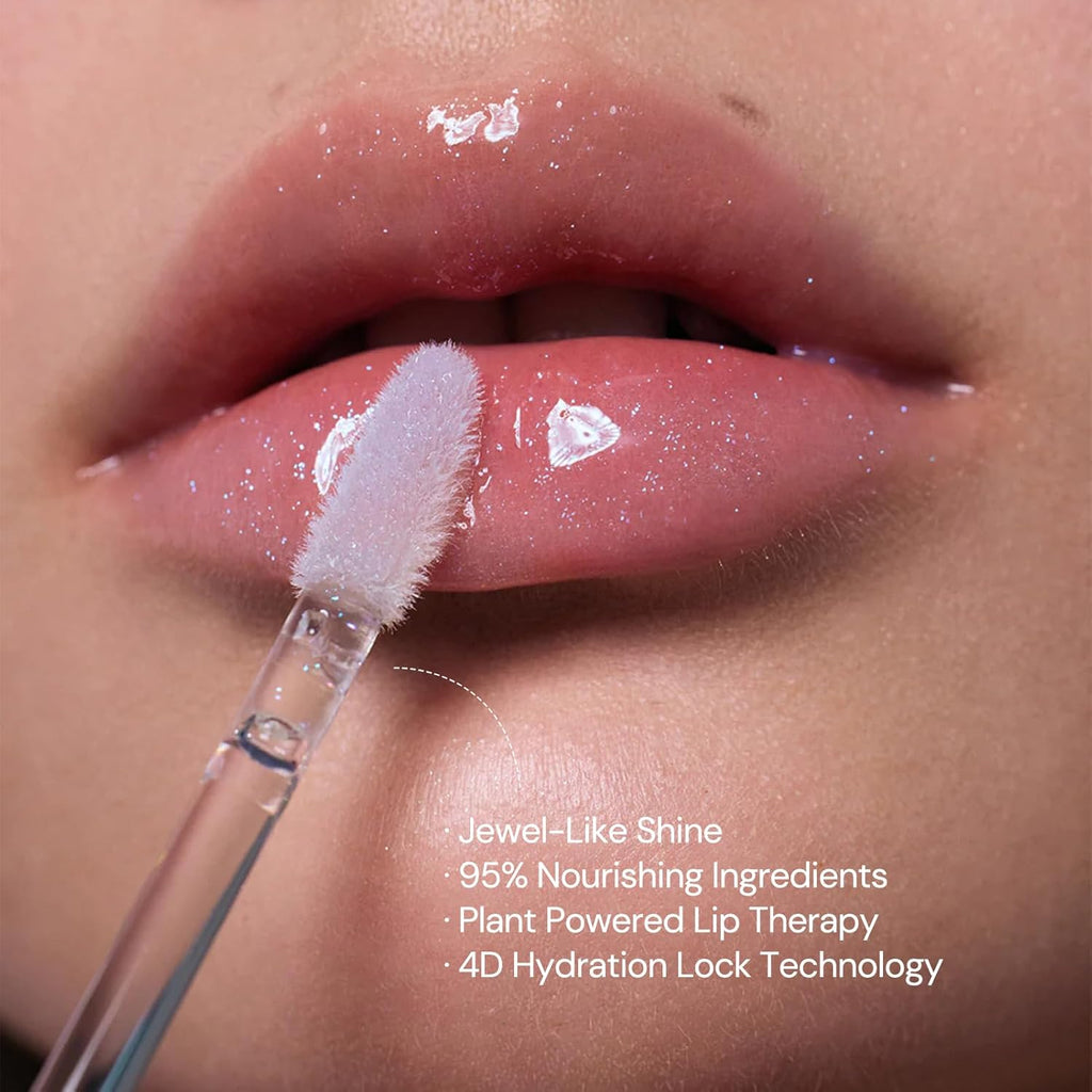 Flower Knows Shell's Jewel Nourishing Lip Glaze,Shimmery Clear Lip Gloss with Hyaluronic,Moisturizing Plumping Oil,Non-Sticky,0.16 Fl.Oz(P06 Lunar Jelly)