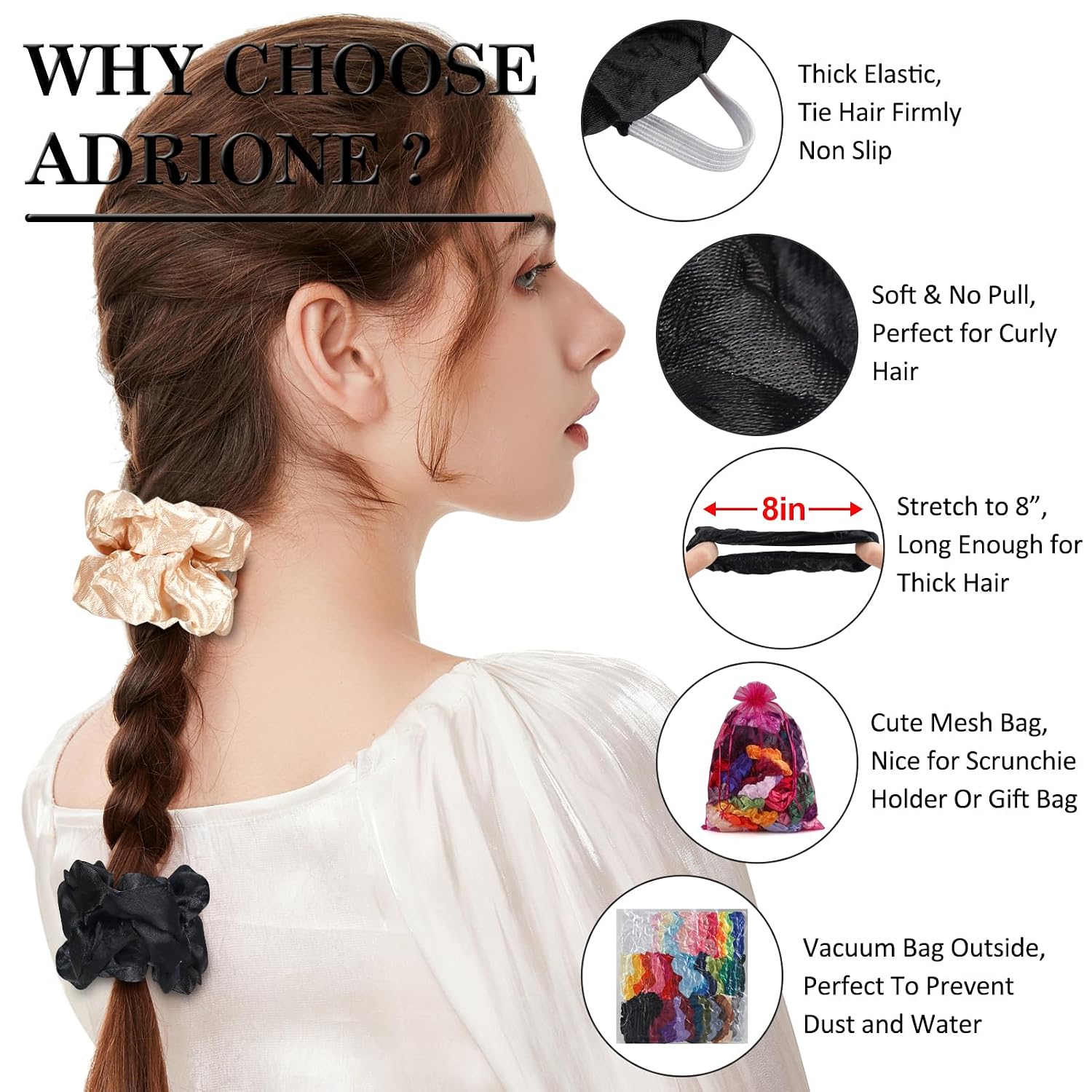 Adrione Satin Scrunchies For Women & Girls - 60 Pack Silk Scrunchies For Curly Hair