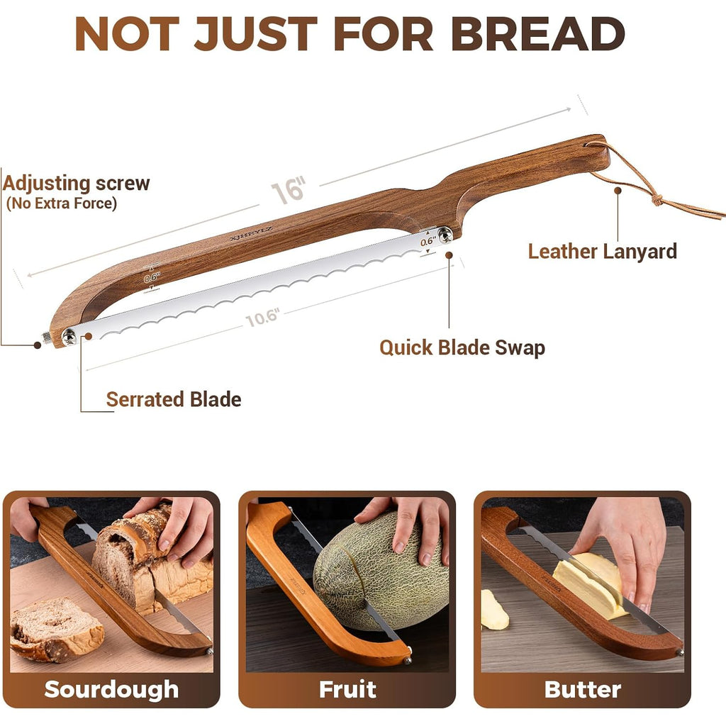 Sourdough Bread Knife,Bread Slicer For Homemade Bread,Adjustable Blade Tightness For Even Slicing, Serrated Knife,Wooden Bread Cutter With Bow Design (1, Brown)