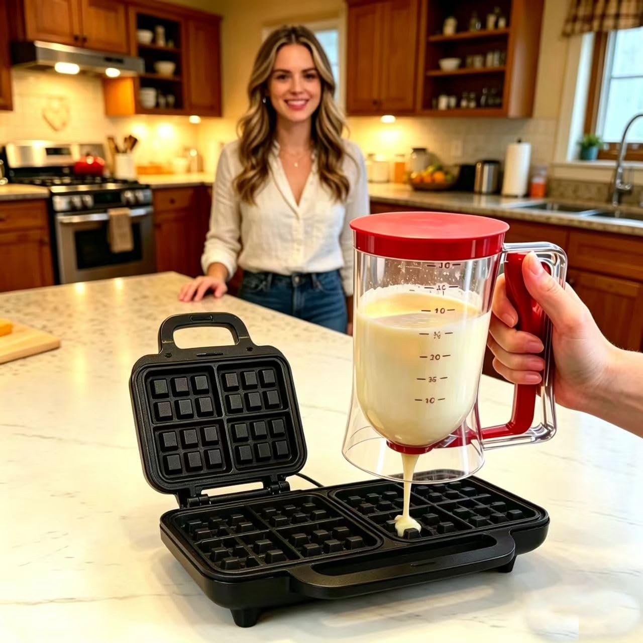 Bbstarz Pancake Batter Dispenser – 4-Cup Batter Dispenser With Squeeze Handle & Measuring Marks For Pancakes, Waffles, Muffins, Crepes & Cupcakes – Baking Tool(Red)
