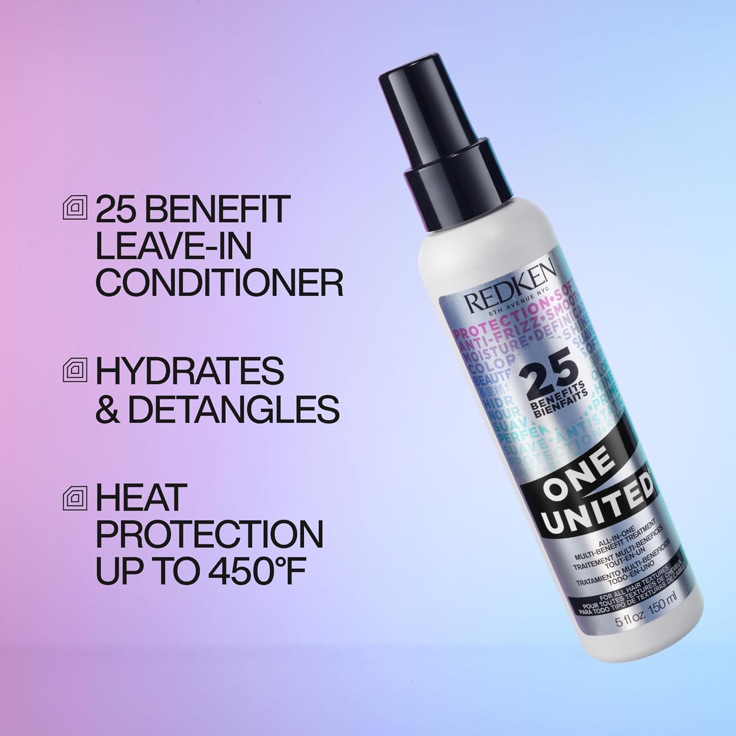Redken One United All-In-One Leave In Conditioner - Multi-Benefit Leave In Treatment For All Hair Types, Heat Protectant and Detangler Spray, Paraben-Free