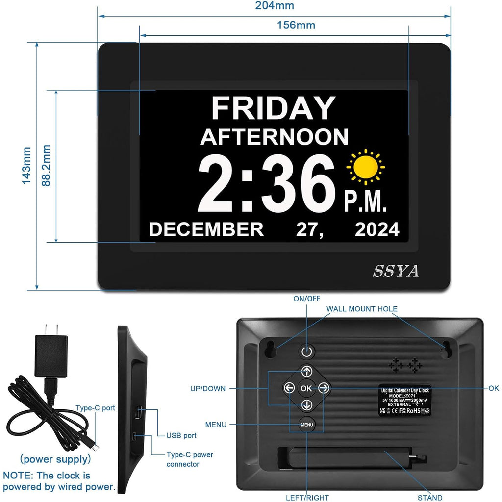 Ssya 7 Inch Calendar Clock - 12 Alarm Options, Level 5 Auto Dimmable Display,Extra Large Impaired Vision Digital Clock With Non-Abbreviated Day & Month (Black)