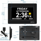 Ssya 7 Inch Calendar Clock - 12 Alarm Options, Level 5 Auto Dimmable Display,Extra Large Impaired Vision Digital Clock With Non-Abbreviated Day & Month (Black)