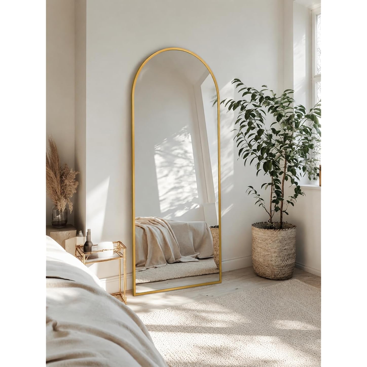 Full Length Mirror With Stand, 56"X14" Arched Full Body Mirror, Large Stand Up Aluminum Frame Floor Freestanding Hanging Leaning Mounted For Bedroom Living Room Entryway Gold