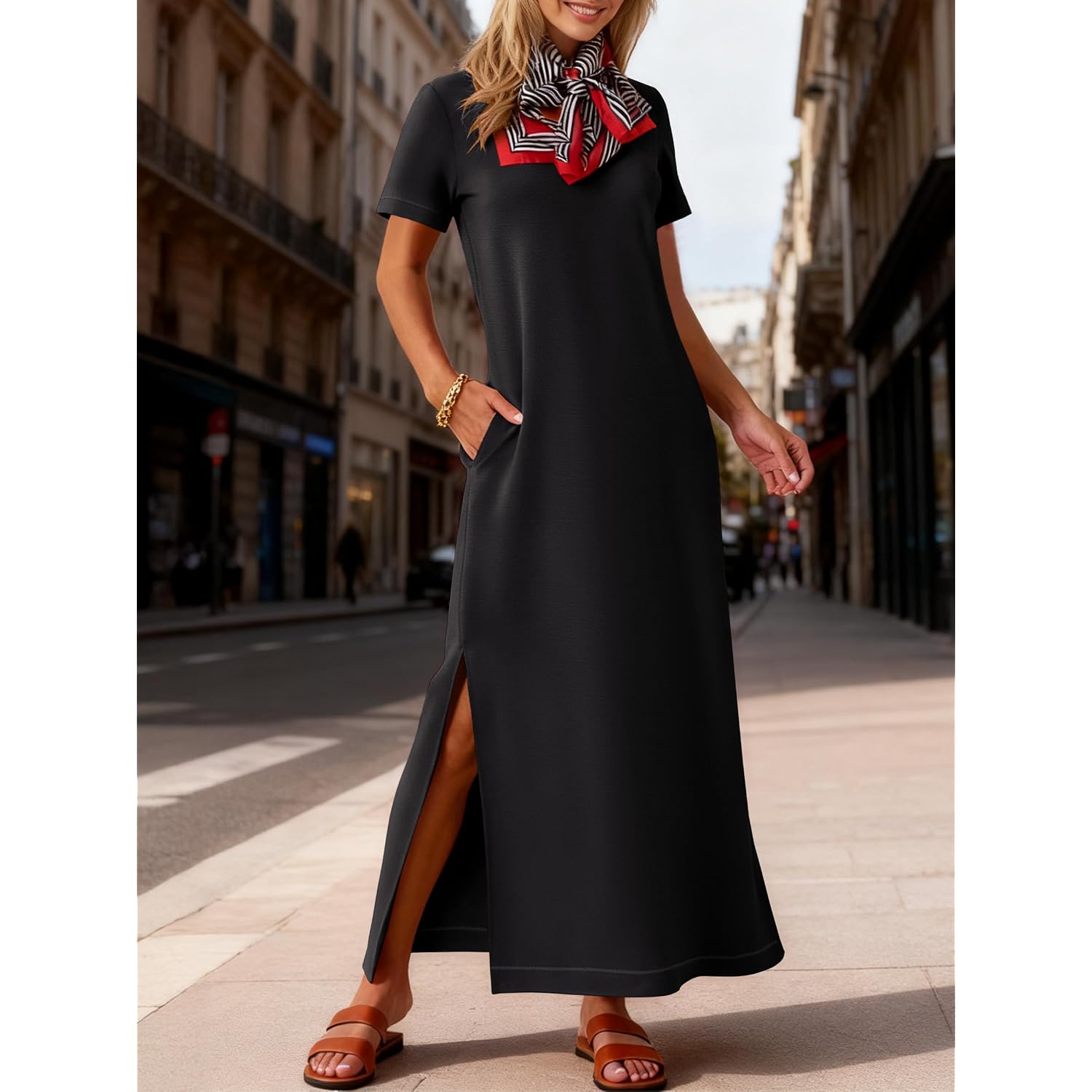 Anrabess Womens Summer Casual Maxi Dress Short Sleeve Crewneck Split Wrinkle-Free Travel Long Sundress Beach Vacation Clothes