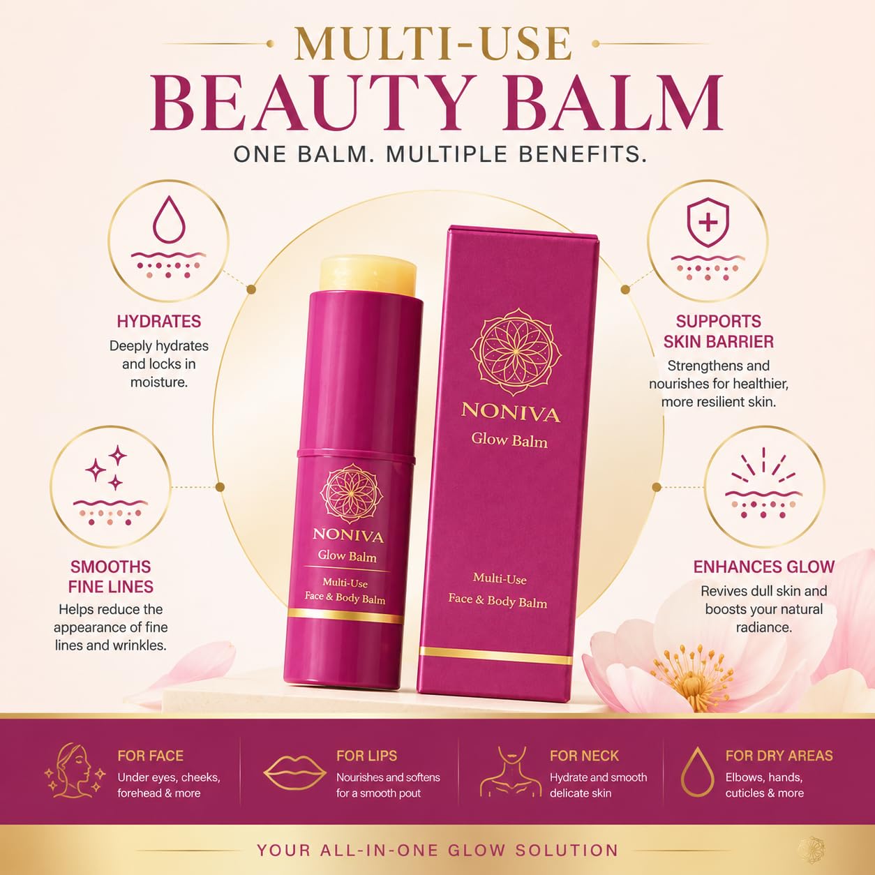 Noniva Noni Glow Balm Stick | Hydrating Face Balm For Dry Skin | Face, Lips, Neck & Under Eyes | Noni, Ceramides, Peptides, Hyaluronic Acid & Niacinamide