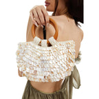 Miuco Shell Purse For Women Handmade Seashell Beaded Clutch Beach Wooden Top Handle Bag