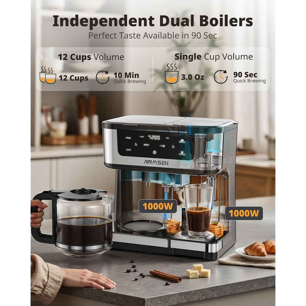 Airmsen 12-Cup Programmable Dual Coffee Maker – Single Serve Machine For K-Cup Pods & Ground, 1000W Fast Brew, Delay Start, 2H Keep Warm, Touchscreen, 60Oz Tank, Glass Carafe – Home & Office