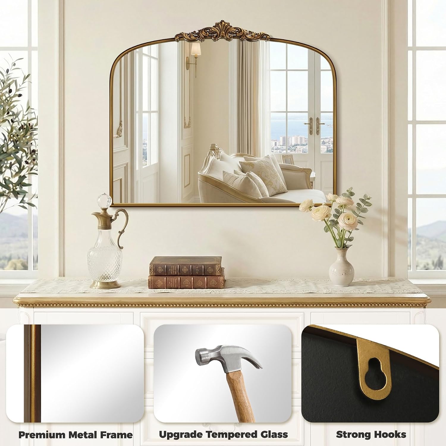 Vintage Gold Mirror 36"X30" Arched Antique Wall Mirror | Metal Frame, Hd Tempered Glass, Include Wall Mount Screws,Ideal For Entryway, Fireplace, Living Room, Hallway Or Wall Decor