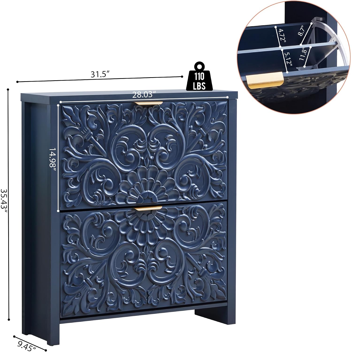Shoe Cabinet With Flip Drawers, Narrow Shoe Storage Cabinet, 2-Tier Hidden Shoe Organizer With Carved Floral For Entryway, Mid-Century Modern Slim Shoes Storage For Hallway Foyer (1, Midnight Blue)