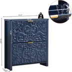 Shoe Cabinet With Flip Drawers, Narrow Shoe Storage Cabinet, 2-Tier Hidden Shoe Organizer With Carved Floral For Entryway, Mid-Century Modern Slim Shoes Storage For Hallway Foyer (1, Midnight Blue)