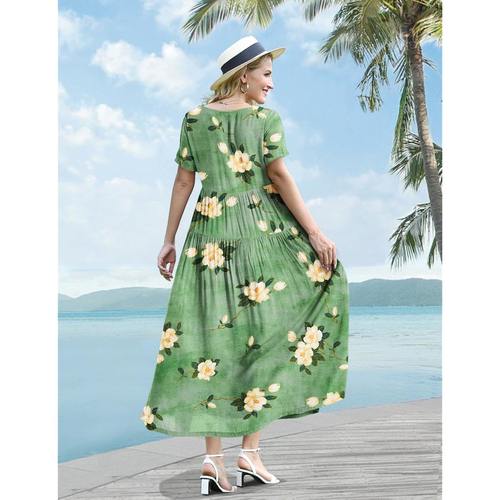 Yesno Women Casual Loose Bohemian Floral Dress With Pockets Short Sleeve Long Maxi Summer Beach Swing Dress Ejf