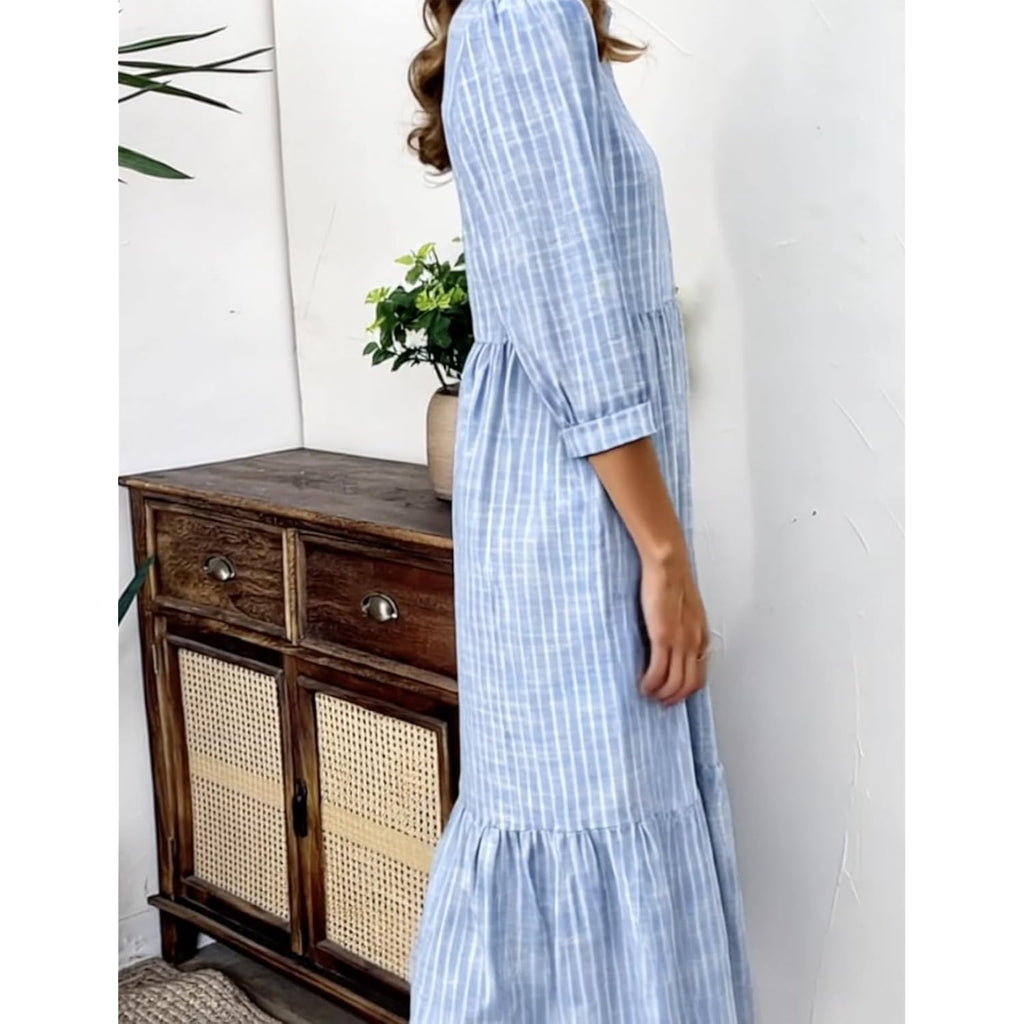 Xnc Women'S Blue And White Striped Shirt Maxi Dress 2026 Spring Fashion Collared Boho Breezy Print 3/4 Sleeve Long Dresses