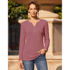Zeagoo Women's Long Sleeve Waffle Knit Shirts Dressy Casual Loose Button Up V Neck Tops 2026 Fall Basic Tee Blouse