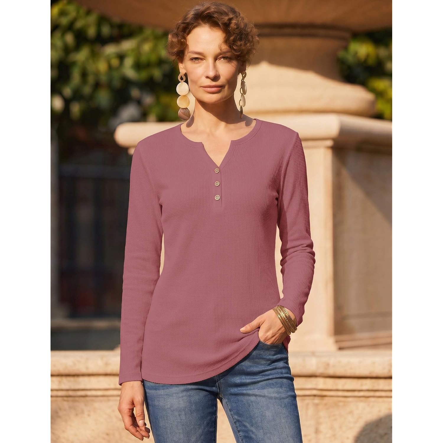 Zeagoo Women'S Long Sleeve Waffle Knit Shirts Dressy Casual Loose Button Up V Neck Tops 2026 Fall Basic Tee Blouse
