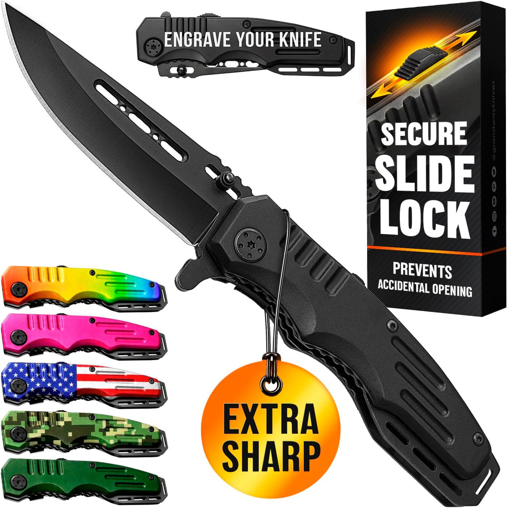Safety Lock Pocket Knife - 3.4-inch Sharp Blade - Folding Tactical with Aluminum Handle - Ideal Tool for EDC Camping Hunting Survival Hiking - Food Processing Knives - Birthday Gifts for Men 6681