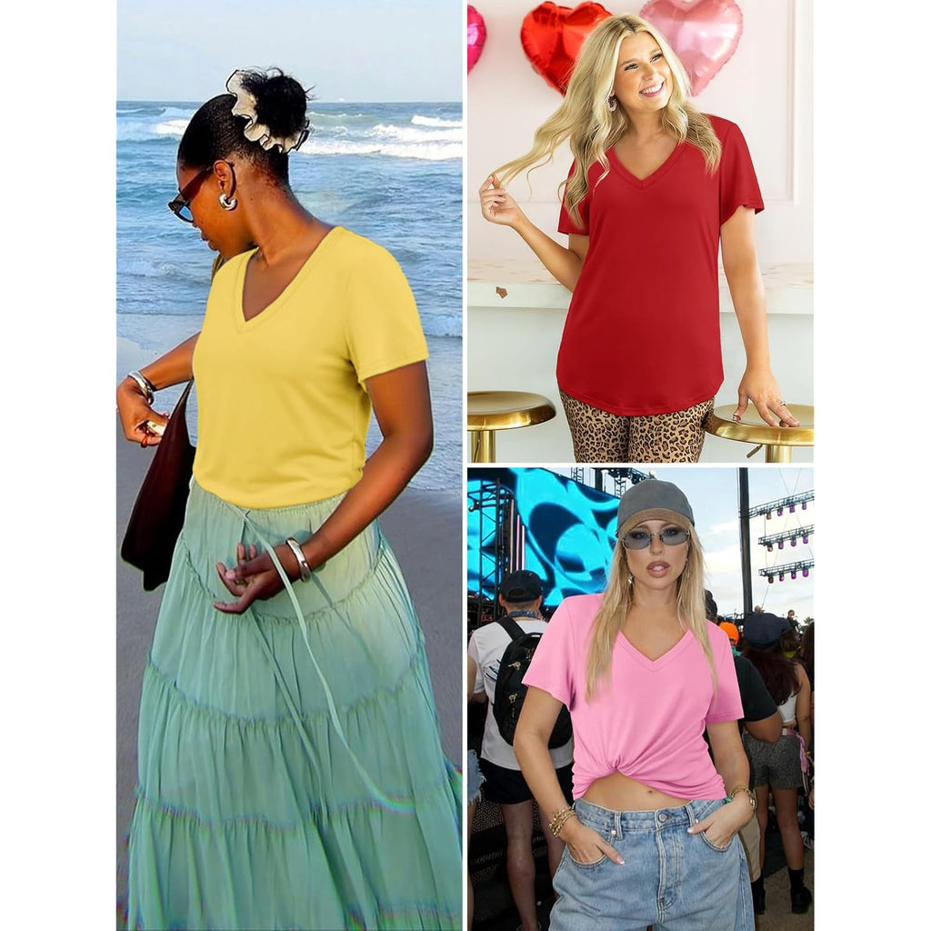 Athmile Womens V Neck Short Sleeve Summer T Shirts Curved Hem Plain Top Beach