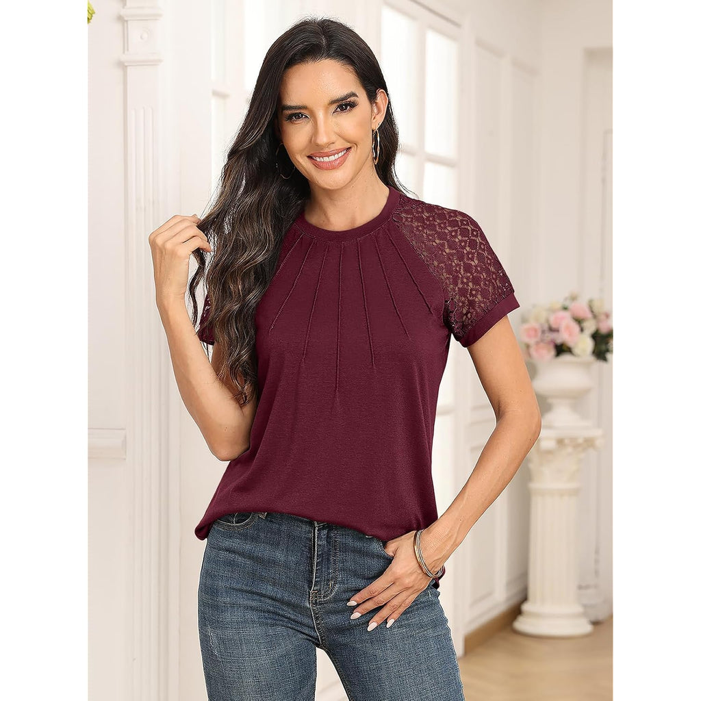 Automet Women'S Lace Short Sleeve Tops - Pleated Business Casual Work Shirts For Summer