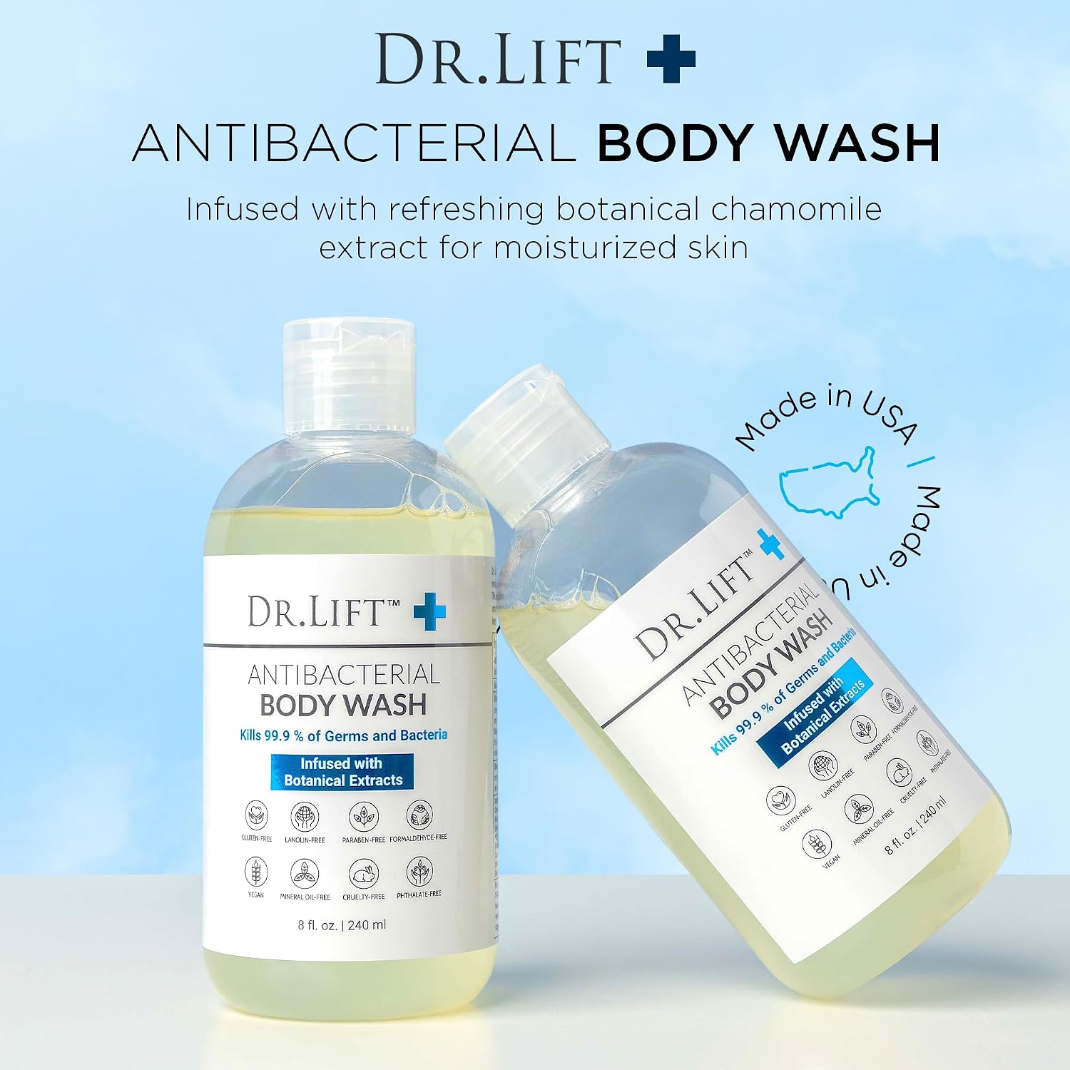 Dr. Lift Antibacterial Body Wash, Refreshing Scent, Hydrating Shower Or Bath Cleanser With Citric Acid, Spirulina, And Lemon, Clean Moisturizing Formula, Vegan, Paraben And Phthalate Free, 8 Fl Oz