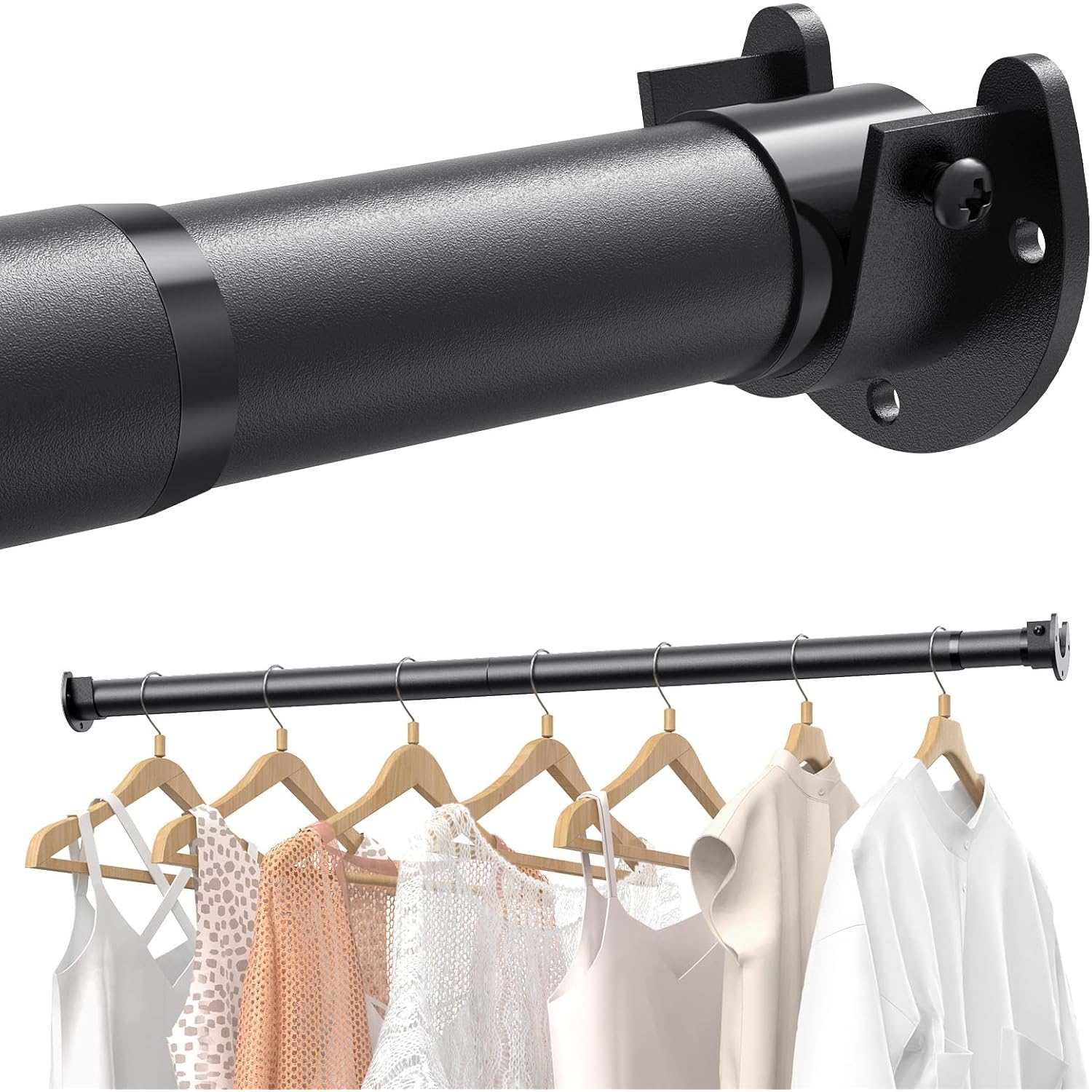 Closet Rods For Hanging Clothes, 17 To 84 Inches Stepless Adjustable Metal Closet Rod, 1.3 Inches Heavy Duty Clothes Hanging Rod For Closet Wardrobes Laundry Rv, Black