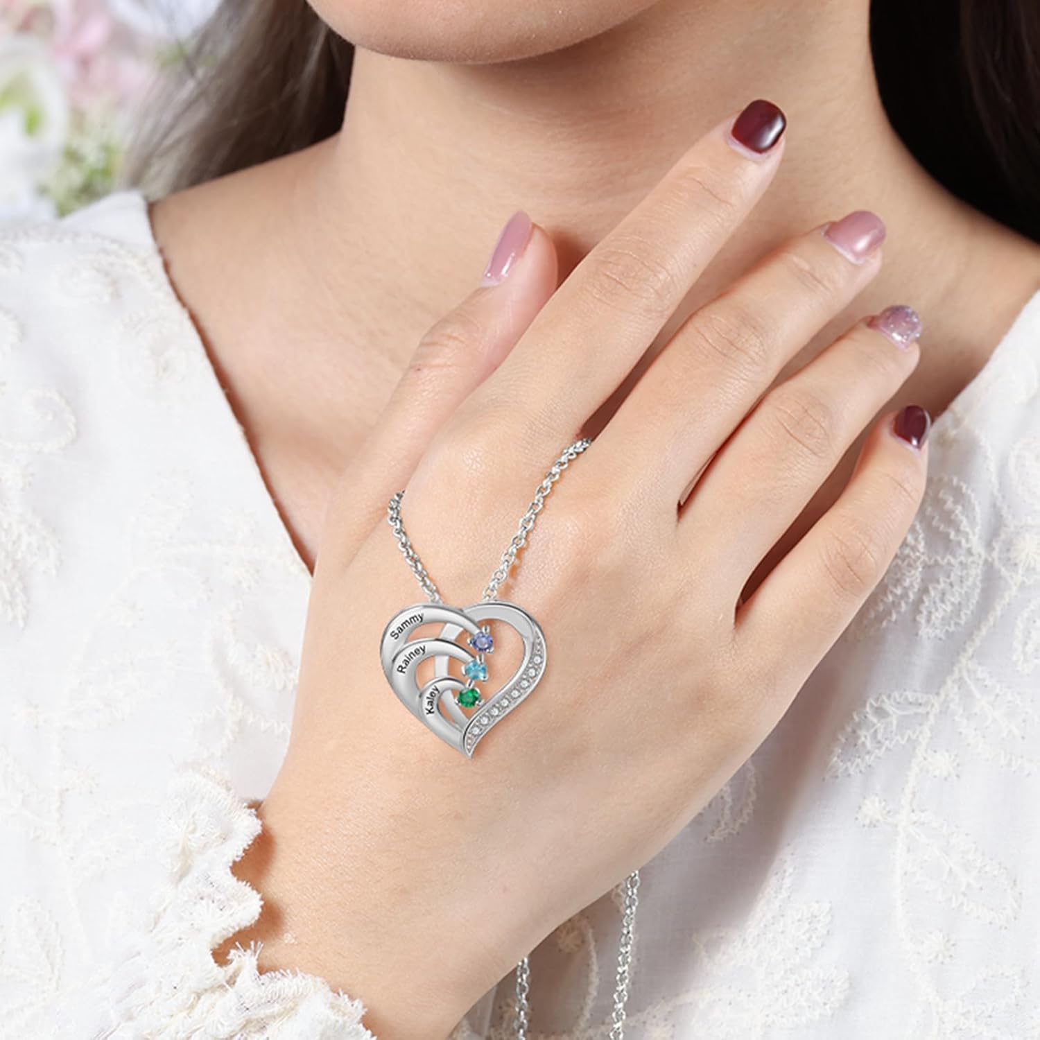 925 Sterling Silver Personalized Mother Necklace with 2-6 Birthstone Necklaces for Women Mothers Day Gifts for Mom Grandma Wife, Engraved Names Heart Charm Pendant for Birthday Anniversary