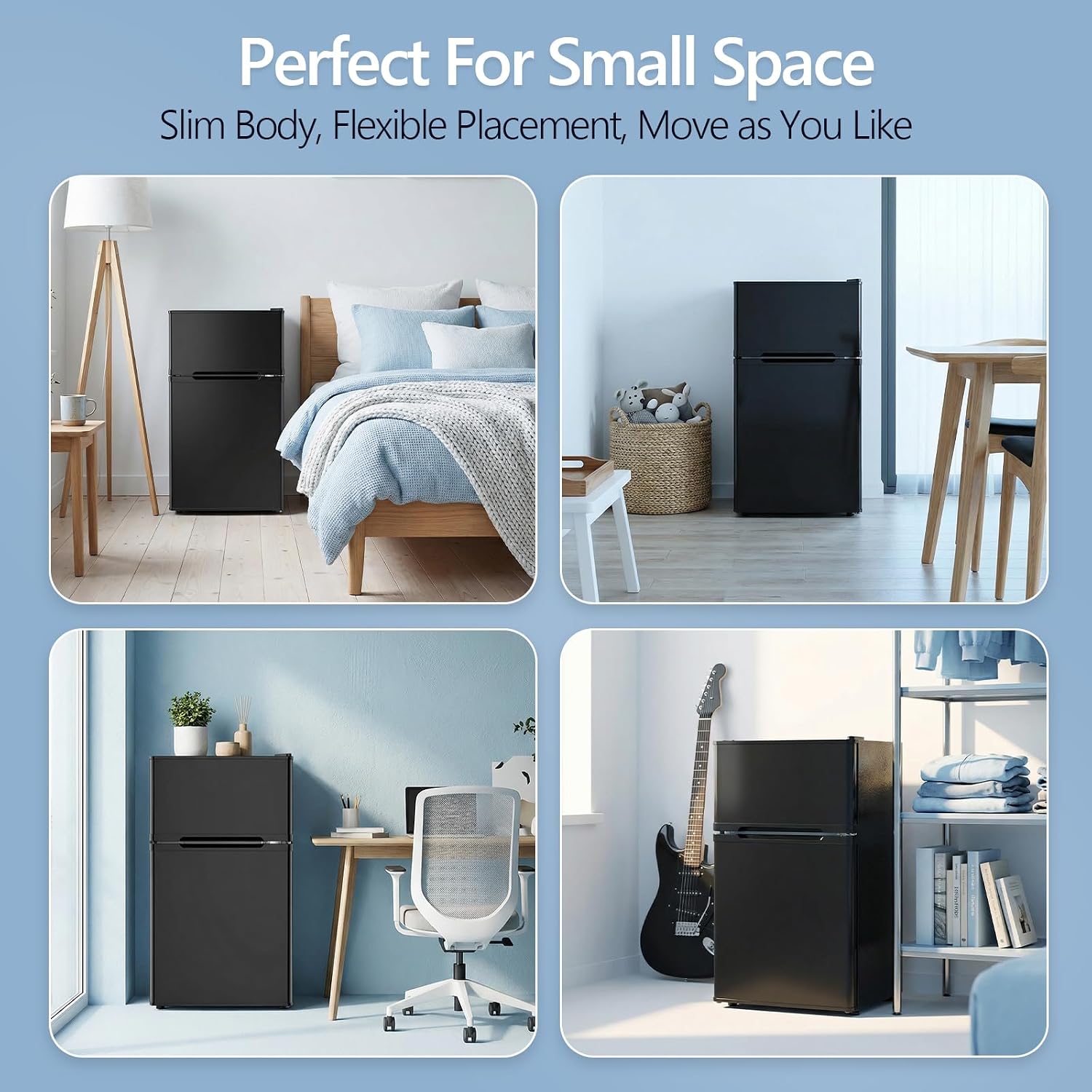 Electactic 2.5 Cu.Ft Mini Fridge With Freezer, Double-Door Compact Refrigerator, Adjustable Glass Shelves, Mechanical Thermostat & Leveling Feet, Space-Saving For Apartment/Dorm/Office, Black