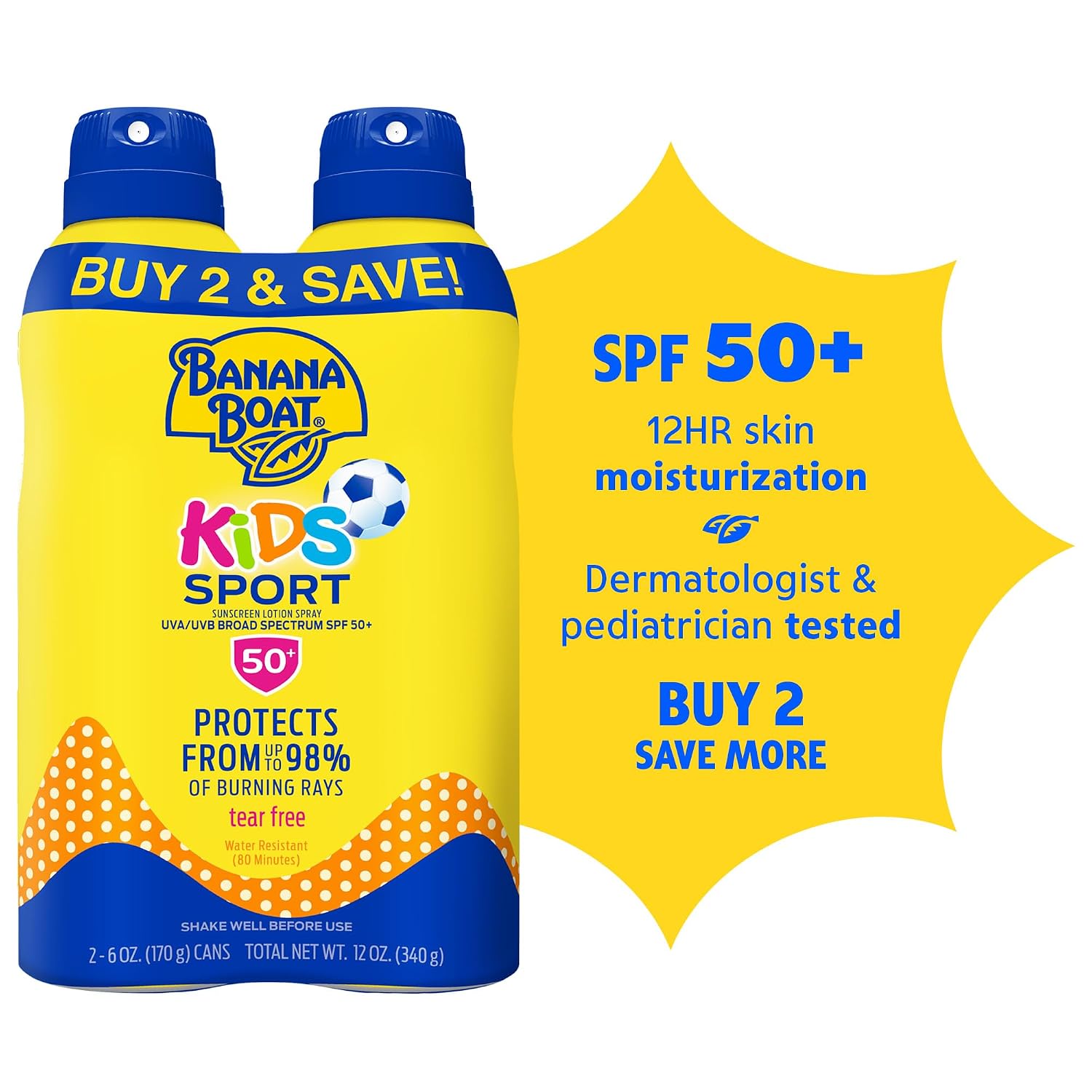 Banana Boat Sport Kids Sunscreen Spray Spf 50, Twin Pack | Spray Sunscreen For Kids, Childrens Sunblock Spf 50, Oxybenzone Free, 6Oz Each
