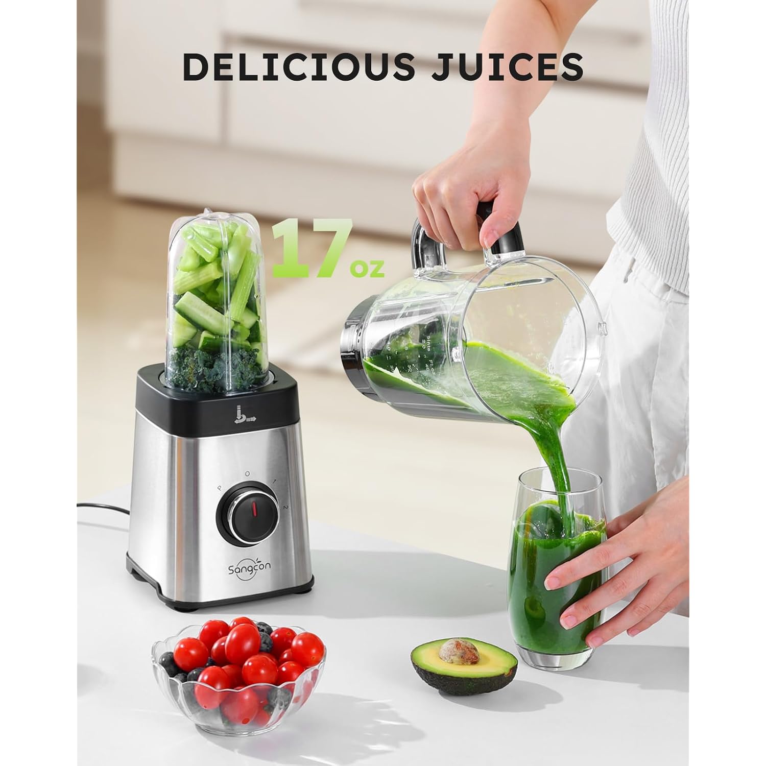 Sangcon Blenders And Food Processor Combo For Kitchen, 5 In 1 Blender For Shakes And Smoothies, Meat Chopped, Grinding & More, 40 Oz Jar & 17Oz Cup With To-Go Lid, Stainless Steel Silver