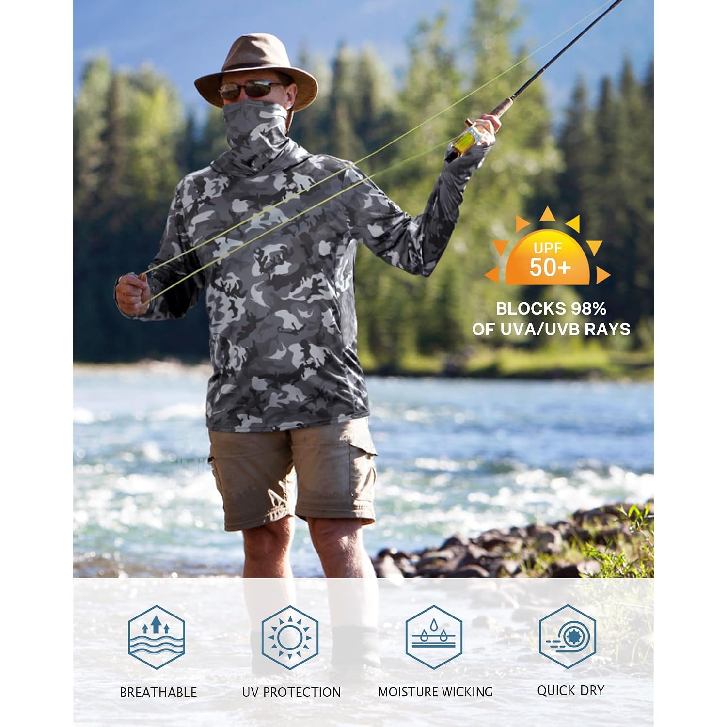 Fisheal Men'S Performance Fishing Hoodie Shirt - Upf 50+ Sun Protection Long Sleeve Thumbholes Shirts With Neck Gaiter