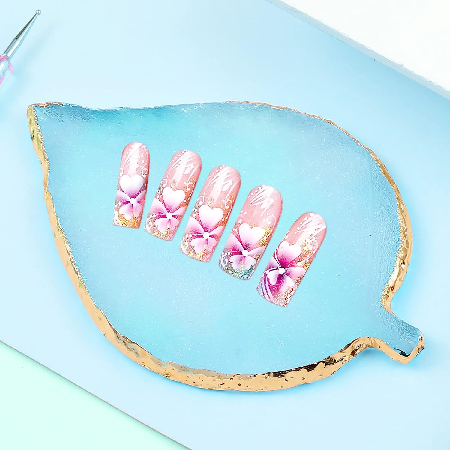 21 Pieces Nail Art Tools Kit, Resin Nail Art Palette Leaf Shape Mixing Palette and 20 Pcs Detail Brushes with Golden Edge Resin Holder Gel Polish Colors Mixing Pallet(Blue)